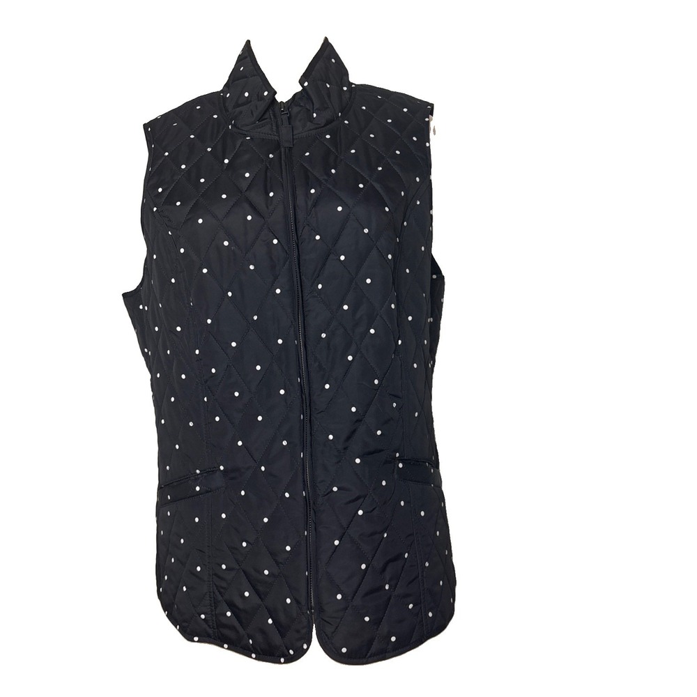 Talbots Womens Black Quilted Vest Polka Dot Size Large